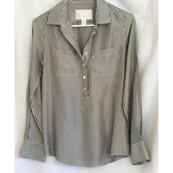 J. Crew Women's Silk Vertical Navy & White Narrow Striped Blouse, Size 00 - Picture 1 of 8